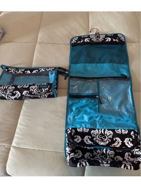Black White Damask Hanging Toiletry Organizer Set w/ Matching Cosmetic Bag